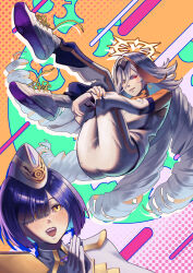 2girls absurdres ass baldr_(fire_emblem_heroes) black_hair blue_eyes blue_hair bob_cut breasts fire_emblem fire_emblem_heroes garrison_cap hair_over_one_eye halo hat heterochromia highres hodr_(fire_emblem) large_breasts long_hair looking_at_viewer multiple_girls nintendo orange_hair orange_streaks red_eyes shoko_(pixiv_74769700) short_hair siblings single_hair_streak sisters solo_focus white_hair workout_clothes yellow_eyes yellow_halo