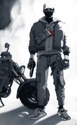 1boy bandolier baseball_cap batman_(series) belt buckle cargo_pants clenched_hand collared_jacket dc_comics fingerless_gloves full_body gloves gun hat highres holding holding_gun holding_weapon jacket jacket_over_hoodie jason_todd leather leather_jacket long_sleeves male_focus mask monochrome motor_vehicle motorcycle mouth_mask multicolored_hair open_clothes open_jacket pants pouch red_hood_(dc) redesign shadow shoes sidelighting simple_background snap-fit_buckle sneakers solo standing thigh_pouch thigh_strap three-quarter_sleeves turtleneck two-tone_hair vvunderkind weapon zipper
