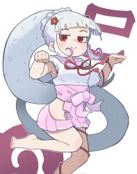 1girl barefoot byakuda_(kemono_friends) flower grey_hair hair_ornament highres japanese_clothes japari_symbol kemono_friends long_hair looking_at_viewer miko red_eyes ribbon sailor_collar simple_background skirt snake_girl snake_tail solo sorairo_meronpan string tail