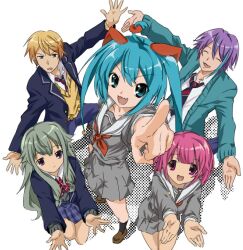 Rule 34 | 12nyan8, ahoge, blonde hair, blue jacket, cardigan, closed eyes, collared shirt, diagonal-striped clothes, diagonal-striped necktie, grey shirt, grey skirt, hare hare yukai, hatsune miku, jacket, kamishiro rui, kamiyama high school uniform (project sekai), kusanagi nene, long sleeves, looking at viewer, miyamasuzaka girls&#039; academy school uniform, necktie, ootori emu, open mouth, pink eyes, pink hair, pointing, pointing at viewer, project sekai, school uniform, shirt, short hair, simple background, skirt, smile, striped clothes, suzumiya haruhi no yuuutsu, tenma tsukasa, vocaloid, white background, white shirt, wonderlands x showtime (project sekai), wonderlands x showtime miku, yellow cardigan, yellow eyes