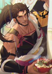 1boy absurdres bara beard black_hair cowboy_shot facial_hair final_fantasy final_fantasy_xiv food hel0205 hien_rijin highres holding holding_plate incoming_food light_rays long_hair looking_at_viewer male_focus mature_male muscular muscular_male pectoral_cleavage pectorals plate ponytail rainbow single_bare_shoulder smile solo steam sunlight watermark weibo_watermark