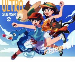 1boy 1girl black_hair blue_shirt blue_sky braid brown_eyes bubble bucket_hat camisole copyright_name elio_(pokemon) elizabeth_(tomas21) floral_print game_freak gen_7_pokemon hat holding holding_poke_ball jumping litten long_hair nintendo open_mouth orange_shirt poke_ball poke_ball_(basic) pokemon pokemon_(creature) pokemon_usum popplio red_hat release_date rowlet selene_(pokemon) selene_(pokemon_usum) shirt shoes shorts sky sleeveless sleeveless_shirt smile sneakers starter_pokemon_trio sun_hat tank_top twin_braids white_shorts you_(pokemon_usum)