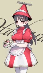 1girl apron black_eyes black_hair box breasts chocolate commentary_request dirty dirty_clothes dress food gloves heart-shaped_box highres hocotate_freight_steam_ship holding hufy kneeling korean_commentary leotard long_hair long_sleeves looking_at_viewer maid_headdress mecha_musume medium_breasts nintendo pantyhose personification pikmin_(series) pikmin_2 pointy_ears puffy_short_sleeves puffy_sleeves red_dress short_sleeves simple_background solo valentine waist_apron white_apron white_gloves white_leotard white_pantyhose