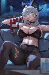 1girl arm_strap bare_shoulders black_bra black_choker black_horns black_panties black_pantyhose black_tail blurry blurry_foreground bra breasts choker collarbone commentary couch covering_own_mouth cup curled_horns demon_tail drinking_glass earrings feet_out_of_frame grey_hair hair_between_eyes highres hood_(james_x) horns indoors jewelry key_earrings large_breasts long_hair looking_at_viewer multicolored_hair navel necktie necktie_around_wrists night no_pants no_shirt on_couch panties panties_under_pantyhose pantyhose red_eyes red_necktie sitting solo stomach streaked_hair tail torn_clothes torn_pantyhose underwear wuthering_waves zani_(wuthering_waves)