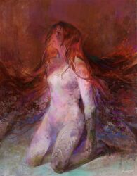 1girl closed_eyes elden_ring full_body highres kneeling long_hair malenia_blade_of_miquella malenia_goddess_of_rot naux nude painterly parted_lips realistic red_background red_hair scar scar_on_arm scar_on_face scar_on_leg scars_all_over signature solo too_many
