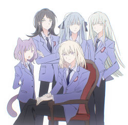 5girls animal_ears arms_behind_back ave_mujica_(bang_dream!) bang_dream! bang_dream!_it&#039;s_mygo!!!!! black_hair black_pants blonde_hair blue_eyes blue_hair blue_necktie blue_ribbon cat_ears cat_girl cat_tail chair closed_mouth commentary crossed_arms green_hair hair_between_eyes hair_ornament hair_ribbon hairclip hand_in_pocket highres jacket kemonomimi_mode long_hair long_sleeves medium_hair misumi_uika multiple_girls necktie open_mouth ouran_high_school_host_club ouran_high_school_uniform pants pink_eyes purple_eyes purple_hair purple_jacket reiboubyou ribbon school_uniform shirt short_hair sidelocks simple_background sitting standing tail togawa_sakiko two_side_up wakaba_mutsumi white_background white_shirt yahata_umiri yellow_eyes yuutenji_nyamu