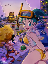 1boy 1girl age_difference aircraft airplane aqua_hair arm_at_side arm_up ass back backlighting beach_umbrella bikini bird black_eyes black_hair blue_eyes boat breasts building bulma capsule_corp carrying_over_shoulder chair child city cityscape cloud cloudy_sky deck_chair diving_mask diving_mask_on_head dock door dot_nose dragon_ball dragon_ball_(classic) dragon_radar eyelashes fingernails flower flying_nimbus folding_chair glowing goggles goggles_on_head gradient_sky grass grey_sky high_ponytail highres holding index_finger_raised innertube lamppost leaf light light_rays looking_back male_swimwear medium_breasts monkey_tail norita_(6110885) open_mouth orange_male_swimwear orange_swim_trunks outdoors outstretched_arm palm_tree plant pointing ponytail potted_plant railing red_flower reflection rock rope ruyi_jingu_bang sandals scratches seagull shadow sideboob signature silhouette size_difference sky son_goku spiked_hair stairs stone_floor string_of_light_bulbs sun sunrise sweater swim_ring swim_trunks swimsuit tail tareme teeth topless_male tree twitter_username umbrella upper_teeth_only watch water watercraft white_flower window wristband wristwatch yellow_bikini yellow_flower zipper