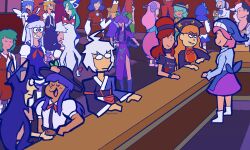 Rule 34 | 1boy, 6+girls, absurdres, ahoge, bar (place), bartender, cartoonized, closed eyes, commentary, cup, english commentary, ghosty mega, glasses, grin, hat, hata no kokoro, hecatia lapislazuli, highres, hinanawi tenshi, holding, holding cup, hong meiling, junko (touhou), kamishirasawa keine, kazami yuuka, komeiji koishi, kumoi ichirin, mai (touhou), mima (touhou), mononobe no futo, morichika rinnosuke, moriya suwako, multiple girls, okunoda miyoi, parody, scene reference, sekibanki, smile, the simpsons, toon (style), touhou, touhou (pc-98), ushizaki urumi, yasaka kanako, yomotsu hisami, yorigami shion, yuki (touhou), yuri