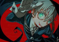 1girl black_coat coat collar crazy_eyes crazy_smile golden_spiral green_eyes hasda maka_albarn necktie red_background school_uniform smile soul_eater tongue twintails
