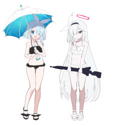 :d plana_(blue_archive) arona_(blue_archive) bikini black_bikini black_hairband blue_archive blue_eyes blue_hair bow braid breasts closed_mouth expressionless footwear_bow frilled_bikini frills full_body grey_eyes hair_over_one_eye hairband halo highres holding holding_umbrella long_hair looking_at_viewer midriff official_alternate_costume open_mouth pink_hair pn_(wnsl216) sandals short_hair simple_background sketch small_breasts smile standing swimsuit umbrella umbrella_gun white_background white_bikini white_bow white_hair