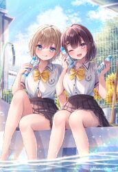 Rule 34 | 2girls, blonde hair, blue eyes, blue sky, blush, bow, breasts, brown eyes, brown hair, closed mouth, cloud, collared shirt, flower, hair ornament, holding, looking at viewer, medium breasts, medium hair, multiple girls, nemuri nemu, one eye closed, open mouth, original, outdoors, pleated skirt, pool, poolside, purple eyes, rainbow, ramune, school uniform, shirt, short hair, short sleeves, skirt, sky, smile, sunflower, sweat, sweatdrop, tongue, tongue out, wet, white shirt, yellow bow