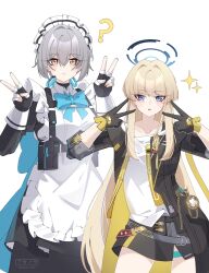 Rule 34 | 2girls, ?, absurdres, akanora, apron, black dress, black gloves, black jacket, black skirt, blonde hair, blue archive, blue bow, blue bowtie, blue eyes, blue halo, bow, bowtie, breasts, collarbone, commentary, cosplay, costume switch, cowboy shot, double v, dress, fingerless gloves, gloves, grey hair, halo, highres, honkai: star rail, honkai (series), ishikawa yui, jacket, large breasts, long hair, maid, maid apron, maid headdress, medium hair, miniskirt, multiple girls, shirt, simple background, skirt, stelle (honkai: star rail), stelle (honkai: star rail) (cosplay), thigh strap, thighs, toki (blue archive), toki (blue archive) (cosplay), trailblazer (honkai: star rail), v, very long hair, voice actor connection, white apron, white background, white shirt, yellow eyes