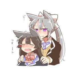 2girls animal_ears black_hair black_jacket blazer bow brown_cardigan cardigan chibi closed_eyes closed_mouth collared_shirt fang fingernails grey_hair hair_between_eyes hair_bow higuchi_kaede higuchi_kaede_(1st_costume) jacket kemonomimi_mode long_fingernails long_hair lowres multiple_girls necktie nijisanji open_clothes open_jacket open_mouth pink_bow ponytail purple_eyes purple_necktie rebecca_(keinelove) school_uniform sharp_fingernails shirt simple_background translation_request tsukino_mito tsukino_mito_(1st_costume) v-shaped_eyebrows virtual_youtuber wavy_mouth white_background white_bow white_shirt