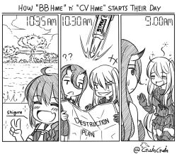 +++ 3girls =_= ^_^ abyssal_ship ahoge aircraft_carrier_princess battleship_princess bow braid closed_eyes english_text greyscale guin_guin horns iron_man_(2008) iron_man_(series) kantai_collection long_hair marvel marvel_cinematic_universe missile monochrome multiple_girls mushroom_cloud neckerchief nuclear_weapon open_mouth school_uniform serafuku shigure_(kancolle) side_ponytail single_braid skirt sleepy smile sparkle thighhighs triangle_mouth v very_long_hair water
