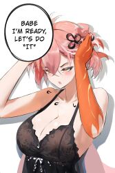 1girl alternate_costume bare_shoulders black_dress blush body_markings breasts changli_(wuthering_waves) collarbone colored_extremities commentary dress english_commentary english_text hair_between_eyes half-closed_eyes hand_in_own_hair highres large_breasts lewdlily66 long_hair looking_ahead open_mouth orange_eyes pink_hair red_hands shadow simple_background solo upper_body very_long_hair white_background wuthering_waves