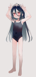 1girl absurdres arms_up bare_arms bare_legs bare_shoulders barefoot black_hair black_one-piece_swimsuit blush cameltoe closed_mouth collarbone commentary covered_navel double_w fang fang_out full_body gluteal_fold grey_background hair_between_eyes highres loli long_hair looking_at_viewer meito_(maze) one-piece_swimsuit original red_eyes school_swimsuit simple_background solo standing swimsuit v-shaped_eyebrows very_long_hair w