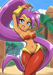 1girl :d absurdly_long_hair ahoge armpits arms_up blue_eyes blue_sky breasts canadiananiguy cleavage cloud dancing dark-skinned_female dark_skin day earrings genie gold_earrings highres hoop_earrings jewelry long_hair medium_breasts navel open_mouth outdoors pants pointy_ears purple_hair red_pants shantae shantae_(series) sky smile solo stomach tree vambraces very_long_hair wide_hips