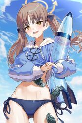 1girl bikini black_bikini blue_archive blue_hoodie blue_sweater breasts brown_hair cropped_hoodie explosive eyewear_hang grenade halo highres hood hoodie inflatable_torpedo kabu_(niniko2ko) large_breasts long_hair long_sleeves moe_(blue_archive) moe_(swimsuit)_(blue_archive) navel official_alternate_costume open_mouth round_eyewear side-tie_bikini_bottom stomach sweater swimsuit twintails unworn_eyewear yellow_eyes yellow_halo