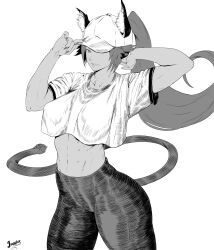 Rule 34 | 1girl, artist name, baseball cap, black pants, bleach, breasts, collarbone, cropped shirt, female focus, fingernails, hair ears, hat, juggler (sun juggler), long fingernails, long hair, medium breasts, monochrome, pants, ponytail, shihouin yoruichi, simple background, tail, toned, toned female, white background