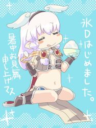 1girl :q =_= angel_wings bikini bikini_top_only black_hairband blue_background blush_stickers boots bowl brown_bikini brown_boots brown_capelet brown_gloves brown_skirt capelet closed_eyes closed_mouth commentary_request detached_wings fingerless_gloves flat_chest full_body gloves hairband head_wings holding holding_bowl holding_spoon midriff navel pelvic_curtain porinu purple_hair ragnarok_online rice rice_bowl sage_(ragnarok_online) sitting skirt smile solo spoon striped_capelet swimsuit tongue tongue_out translation_request wariza wings