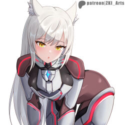 Rule 34 | 1girl, animal ear fluff, animal ears, armor, artist name, bent over, blush, bodysuit, bodysuit under clothes, breasts, cat ears, cat girl, commentary, english commentary, eyelashes, grey hair, large breasts, long hair, looking at viewer, m (xenoblade), open mouth, patreon username, simple background, solo, white background, xenoblade chronicles (series), xenoblade chronicles 3, yellow eyes, z-ki