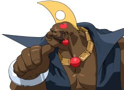 1boy bengus birdie_(street_fighter) blonde_hair earrings game_cg hand_on_own_chin head_tattoo heart heart_tattoo highres jewelry looking_to_the_side male_focus mohawk muscular muscular_male no_eyebrows non-web_source official_art portrait sideburns simple_background solo street_fighter street_fighter_zero_(series) tattoo upper_body white_background