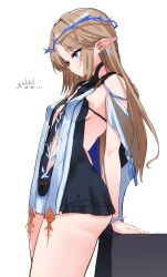 absurdres bare_shoulders black_collar black_dress blonde_hair blue_eyes breasts cartethyia_(wuthering_waves) collar commentary cowboy_shot cream_bread crown_of_thorns dress earrings from_side highres jewelry korean_text long_hair looking_down pointy_ears short_dress simple_background small_breasts tabard tacet_mark_(wuthering_waves) thighs translation_request white_background white_tabard wuthering_waves