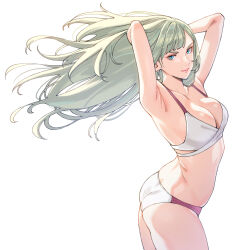 1girl ass bikini blonde_hair blue_eyes breasts cleavage commentary_request detached_sleeves floating_hair gigi_andalusia gundam gundam_hathaway&#039;s_flash highres long_hair looking_at_viewer medium_breasts shouji_nigou smile solo swimsuit white_background
