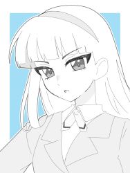 Rule 34 | 1girl, blue background, border, greyscale with colored background, hairband, highres, kasyo 2501, long hair, magic knight rayearth, open mouth, outside border, ryuuzaki umi, school uniform, solo, straight hair, v-shaped eyebrows, white border
