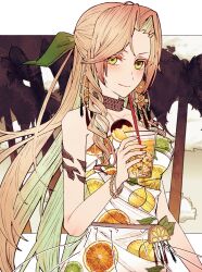 1girl aerith_gainsborough aerith_gainsborough_(citric_dress) armlet bare_shoulders border bracelet breasts brown_choker choker closed_mouth cup dress earrings final_fantasy final_fantasy_vii final_fantasy_vii_ever_crisis food food-themed_earrings food_print food_themed_earrings fruit fruit_print green_eyes green_ribbon hair_ribbon half_updo highres holding holding_cup jewelry letterboxed light_blush light_smile long_hair medium_breasts mirrorclew multiple_bracelets official_alternate_costume orange-shaped_earrings orange-shaped_ornament orange_(fruit) orange_print orange_slice parted_bangs print_dress ribbon sidelocks solo strapless strapless_dress upper_body wavy_hair white_border