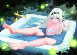 1girl absurdres bare_shoulders barefoot bathtub black_hairband blush breasts cleavage closed_mouth collarbone firefly_(honkai:_star_rail) grey_hair hair_between_eyes hair_intakes hair_ornament hairband highres holding holding_towel honkai:_star_rail honkai_(series) large_breasts long_hair naked_towel pink_eyes smile soles solo toes towel yuan_(xp1447998769)