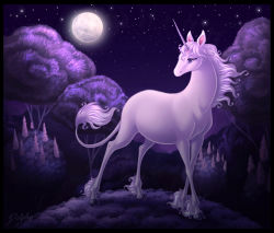 blue_eyes dolphy fantasy full_moon horns looking_back moon moonlight nature night night_sky no_humans purple_theme silver_hair sky standing the_last_unicorn the_unicorn_(the_last_unicorn) tree unicorn