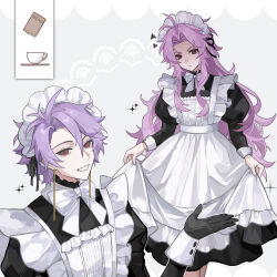 2boys absurdres alternate_costume angry antenna_hair apron black_dress black_gloves black_ribbon bow bowtie chinese_commentary closed_mouth commentary_request crossdressing curtained_hair dress earrings enmaided frown gloves grey_background grin hair_ribbon haoe_(157876) hatsutori_hajime highres jewelry long_hair long_sleeves maid maid_apron maid_headdress male_focus multiple_boys parted_bangs pink_hair purple_hair red_eyes ribbon saibou_shinkyoku short_hair sidelocks smile sparkle squiggle theodore_riddle trap very_long_hair white_apron white_bow white_bowtie