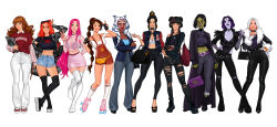 absurdres aged_up ahsoka_tano alien alternate_costume avatar:_the_last_airbender avatar_legends azula bag barriss_offee black_gloves black_hair black_jacket black_leotard black_thighhighs blue_eyes book boots braid breasts brown_eyes brown_hair character_name choker cleavage collarbone colored_skin contemporary contrapposto crop_top crossed_arms crossover dc_comics earrings elbow_carry eyewear_on_head felicia_hardy fingerless_gloves forehead_jewel freckles fur-trimmed_jacket fur_trim gloves green_eyes green_skin hand_on_own_hip handbag harry_potter_(series) hermione_granger highres holding holding_book holding_wand hoop_earrings jacket jewelry large_breasts leotard long_hair looking_at_viewer mai_(avatar) marvel mary_jane_watson medium_breasts midriff miniskirt navel necklace olena_minko one_eye_closed open_clothes open_jacket overalls pants pink_hair pink_skirt purple_hair raven_(dc) red_hair roller_skates see-through_clothes short_hair shorts simple_background single_braid skates skirt spider-man_(series) standing star_wars starfire sunglasses teen_titans thigh_boots thigh_gap thighhighs topknot ty_lee v very_long_hair wand white_background white_gloves white_hair white_pants wizarding_world zettai_ryouiki