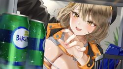 1girl absurdres anis_(nikke) black_jacket blush breasts brown_eyes brown_hair can cleavage commentary_request drink_can fingernails goddess_of_victory:_nikke grey_shirt highres indoors jacket large_breasts nigi_(ngmnoym) open_mouth refrigerator refrigerator_interior shirt short_hair smile solo