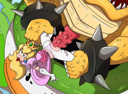 1boy 1girl blonde_hair blush bowser crown dahs dress earrings gloves hetero holding_another&#039;s_leg jewelry koopa_clown_car large_insertion large_penis mario_(series) nintendo penis pink_dress princess princess_peach rape sex sex_from_behind signature size_difference spiked_penis super_mario_bros._1 tongue tongue_out white_gloves