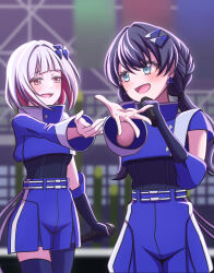 2girls :d asymmetrical_legwear asymmetrical_sleeves black_bodysuit black_gloves blue_eyes blue_hair blue_pantyhose blue_shirt blue_shorts blue_thighhighs blurry blurry_background blush bob_cut bodysuit bodysuit_under_clothes collared_shirt colored_inner_hair commentary_request cowboy_shot cropped_shirt dark_blue_hair elbow_gloves ganbarai gloves grey_hair hair_ornament half-closed_eyes high_collar highres holding holding_microphone inverted_bob ladybug/beauty_(love_live!) link!_like!_love_live! long_hair long_sleeves looking_at_another love_live! low_twintails microphone multicolored_hair multiple_girls murano_sayaka official_alternate_costume open_hand open_mouth outstretched_arm pantyhose pleated_shorts red_eyes red_hair shirt short_hair short_sleeves shorts single_elbow_glove single_glove single_leg_pantyhose single_thighhigh smile split_mouth stage streaked_hair thighhighs triangle_hair_ornament twintails uneven_legwear uneven_sleeves virtual_youtuber yugiri_tsuzuri