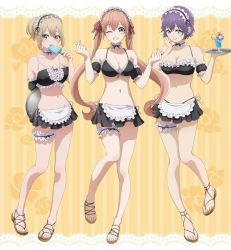 3girls amano_erika bikini breasts cleavage feet food full_body glass kakkou_no_iinazuke maid maid_bikini maid_headdress multiple_girls official_art popsicle sandals segawa_hiro skirt swimsuit tagme thigh_strap tray twintails umino_sachi_(kakkou_no_iinazuke) unconventional_maid