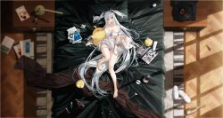 1girl absurdres animal azur_lane bare_shoulders barefoot bed_sheet bird blue_eyes border bottle breasts cleavage collarbone earrings elbing_(azur_lane) elbing_(sleepless_night&#039;s_wishes)_(azur_lane) fading_border feet full_body hair_ornament heart heart_earrings heterochromia highres holding jewelry large_breasts legs long_hair looking_at_viewer lying magazine_(object) makeup makeup_brush manjuu_(azur_lane) mimoza_(96mimo414) necklace nightgown non-web_source off_shoulder official_alternate_costume official_art on_back open_magazine panties perfume_bottle pillow red_eyes revision sandals short_twintails stuffed_animal stuffed_toy thigh_strap thighs toes transparent_background twintails underwear white_hair