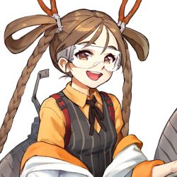Rule 34 | 1girl, black ribbon, braid, breasts, brown eyes, brown hair, doctor (last origin), female focus, game cg, hair ornament, hair pliers, hair rings, high collar, kakiman, lab coat, last origin, long hair, long sleeves, looking at viewer, neck ribbon, off shoulder, official art, open mouth, pliers, ribbon, safety glasses, shirt, small breasts, smile, teeth, transparent background, twin braids, upper body, upper teeth only, vest, yellow shirt