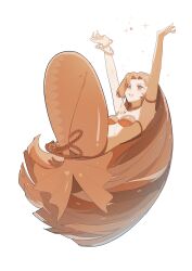 Rule 34 | 1girl, absurdly long hair, absurdres, armpits, arms up, bare arms, bare shoulders, bead bracelet, beads, bikini, blunt ends, bracelet, choker, eyelashes, falling, fins, fish tail, full body, gem, highres, jewelry, long hair, looking at object, mermaid, mermaid melody pichi pichi pitch, monster girl, morgue (southsakura), necklace, open mouth, orange bikini, orange choker, orange eyes, orange hair, orange tail, parted bangs, pearl (gemstone), seira (mermaid melody pichi pichi pitch), shell, shell bikini, shell necklace, simple background, smile, solo, sparkle, straight hair, strapless, strapless bikini, swimsuit, tail, tail ornament, tail ring, teeth, upper teeth only, very long hair, white background