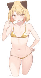 1girl absurdres bikini blonde_girl_(cloba) blonde_hair blush breasts cloba collarbone commentary contrapposto cropped_legs fang gold_bikini hair_ornament hand_on_own_hip hand_up highres looking_at_viewer micro_bikini middle_finger navel open_mouth original signature simple_background skin_fang small_breasts solo swimsuit white_background yellow_eyes