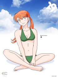 1girl 30girl.com artist_name between_legs bikini cloud cloudy_sky copyright_name dated green_bikini hair_ornament hand_between_legs highres indian_style kawai_shingo long_hair looking_at_viewer navel orange_eyes orange_hair sitting sky solo swimsuit twintails x_hair_ornament