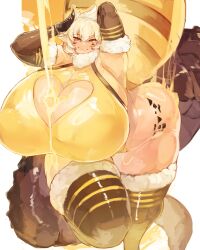1girl abdomen_tail armpits arms_behind_head arthropod_girl bee_girl black_gloves black_thighhighs bottomless breasts cleavage cleavage_cutout clothing_cutout commission elbow_gloves facial_mark folded_ponytail fur-trimmed_gloves fur-trimmed_thighhighs fur_collar fur_trim gigantic_breasts gloves heart_cutout honey insect_girl larribee original red_eyes shirt short_hair sleeveless smile solo standing standing_on_one_leg sweat tail thick_thighs thighhighs thighs white_background white_hair wtgn_grim yellow_shirt