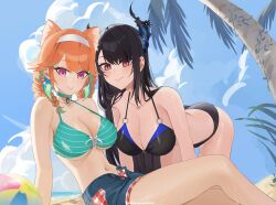 Rule 34 | 2girls, all fours, animal ear fluff, animal ears, aqua bikini, aqua choker, ass, asymmetrical horns, ball, beach, beachball, bikini, black bikini, black hair, blue sky, braid, breasts, cat ears, choker, cleavage, cloud, day, demon horns, earrings, feather earrings, feathers, hairband, highres, hololive, hololive english, horns, jewelry, large breasts, leaning back, mole, mole under eye, multiple girls, natt rondonhi, navel, nerissa ravencroft, open fly, orange hair, outdoors, purple eyes, red eyes, sand, short shorts, shorts, sitting, sky, slit pupils, stomach, swimsuit, takanashi kiara, takanashi kiara (casual), tree, twin braids, uneven horns, virtual youtuber, white hairband