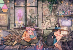 1boy 1girl arm_on_knee artist_logo barefoot bird black_bra black_hat black_shirt blanket blue_ribbon blue_skirt book book_stack bra brick_wall brown_bag brown_hair brown_pants can candle commentary couch dated desk drawing_tablet electric_guitar feet_on_chair glass_door_refrigerator guitar handheld_game_console hat hat_ribbon holding holding_handheld_game_console indoors instrument kiwi_(bird) knee_up logo looking_at_screen looking_back medium_hair monitor multiple_monitors on_chair on_couch orange_shirt original pants pen pink_hair plaid_blanket plant pleated_skirt potted_plant ribbon runes shelf shirt short_hair simz skirt smile string_of_light_bulbs striped_clothes striped_shirt underwear window witch_hat