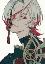 1boy blue_eyes earrings eyeshadow eyeshadow_under_eye fate/grand_order fate_(series) hair_ornament hair_over_one_eye highres jewelry karna_(fgo_fes._2025)_(fate) looking_at_viewer makeup male_focus medium_hair multicolored_hair multiple_earrings open_mouth portrait red_eyeshadow red_hair simple_background sm_(s10261913m) smile solo white_background white_hair