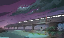 1girl cloud cloudy_sky crescent_moon elevated_railway lamppost moon night night_sky original overpass power_lines purple_sky scenery sky slow_d solo train utility_pole