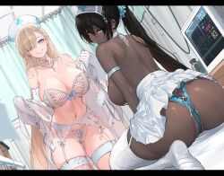 2girls alternate_costume ass ass_cutout ass_focus asuna_(blue_archive) asymmetrical_bangs back bare_shoulders black_hair blonde_hair blue_archive blue_eyes blue_panties blush breasts butt_crack cleavage clothing_cutout collarbone commentary_request cross-laced_clothes cross-laced_panties dark-skinned_female dark_skin dishwasher1910 fishnets garter_belt garter_straps gloves grin hair_over_one_eye hat highres huge_ass karin_(blue_archive) large_breasts lingerie long_bangs long_hair looking_at_viewer median_furrow multiple_girls nurse nurse_cap panties patreon_logo patreon_username ponytail sitting skindentation smile thick_thighs thighhighs thighs underwear very_dark_skin white_gloves white_panties yellow_eyes
