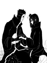 Rule 34 | 1boy, 1girl, akatsuki uniform, eyeshadow, flower, hair bun, hair flower, hair ornament, hand grab, katouko, konan (naruto), makeup, mask, monochrome, naruto (series), naruto shippuuden, short hair, sitting, tobi (naruto), uchiha obito